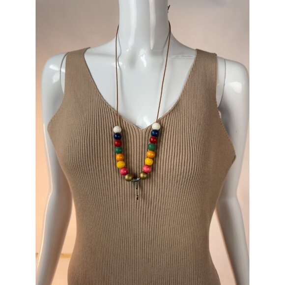 Colorful Wooden Bead Necklace With Brass Accents & Arrow Pendant On Leather Cord - Picture 16 of 16